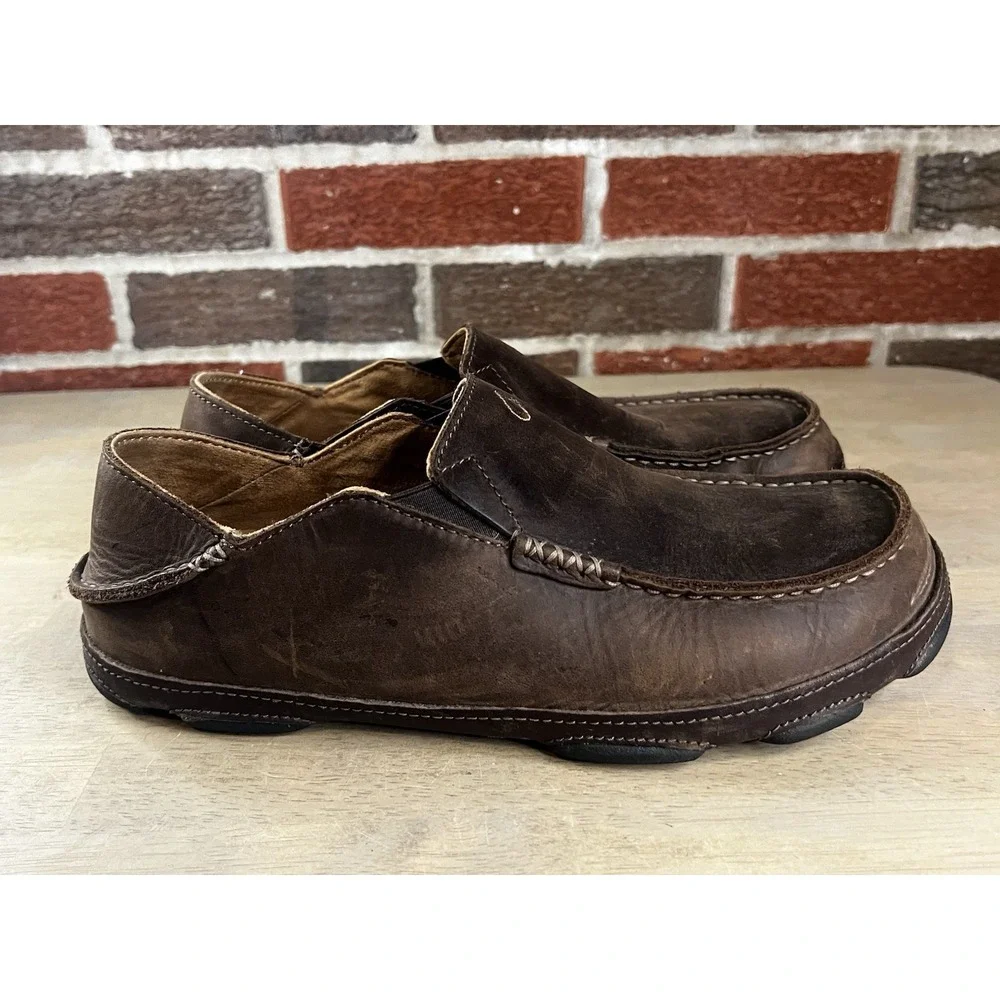 OLUKAI Moloa Slip On Men's Size 10 Brown Leather Nubuck Shoes 10128-6348